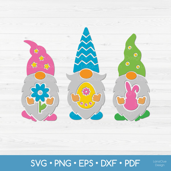 three gnomes with flower egg and bunny