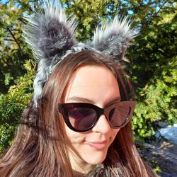 Headband with faux fur ears. Gray, black, beige faux fur ears for a fancy dress of a wolf, husky, lioness, cat, panther.