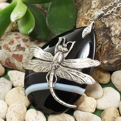Silver Dragonfly Necklace Black Agate Teardrop Pendant Black and White Stone Boho Unique Handmade Necklace Jewelry 6852