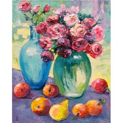Roses Painting Still Life Original Art Impressionist Art Impasto Painting Fruits Artwork 40"x30" by Ksenia De