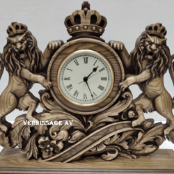 Carved mantel clock "LIONS" handmade