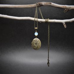 Opalite locket necklace Moonstone medallion Bronze locket in vintage style