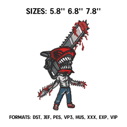 chainsaw man embroidery design file, chainsaw man anime embroidery design, denji chibi anime pes design brother