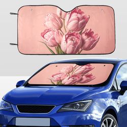 Pink Tulips Flowers Car SunShade