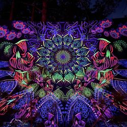 Psychedelic Art Wall tapestry Home decor 'Cosmic Monks Gathering' Glow UV Trippy poster Visual art Blacklight backdrop