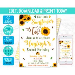 Editable sunflower birthday invitation template Girl summer invitation Fall party invite 2nd Second birthday watercolor