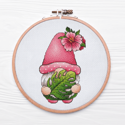 Gnome Cross Stitch Chart, Fairy Creature Cross Stitch Pattern, Palm Leaf Hand Embroidery Design, Dwarf Needlepoint PDF