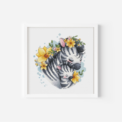 Zebra Cross Stitch Pattern, Mom and Baby Embroidery Instant Download PDF, Animal Family Needlepoint Pattern, Colorful