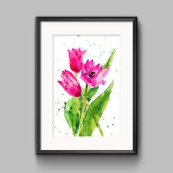 Watercolor picture with tulips, Art print from the original painting, Watercolor digital file, Clipart PNG with tulips