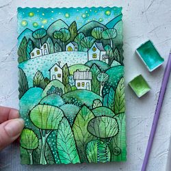 Green forest painting Miniature Original art Small Watercolor art by Rubinova