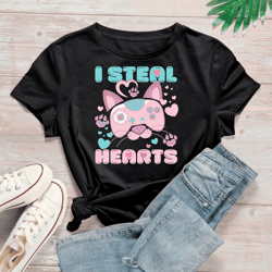 kawaii gamer cat i steal hearts valentines day t-shirt - pastel gamer kawaii shirt, video game shirt, controller shirt, video game valentine