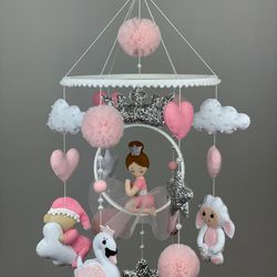 Princess baby mobile crib. Pink princess with animals mobile nursery crib.Baby mobile for girl.