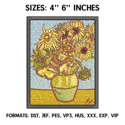 van gogh sunflowers embroidery design file pes, art embroidery design, art design, vincent van gogh embroidery design