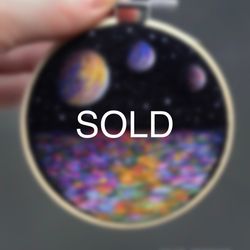 (9cm) Embroidered & needle felted painting, thread painting, miniature, Space tiny art