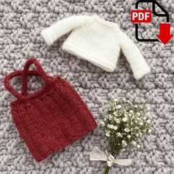 Sweater and Pinafore dress for doll. Knitting pattern. English and Russian PDF.