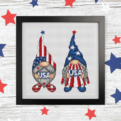 Patriotic gnomes cross stitch pattern PDF, USA gnome cross stitch, 4th of july gnome, Independence day cross stitch