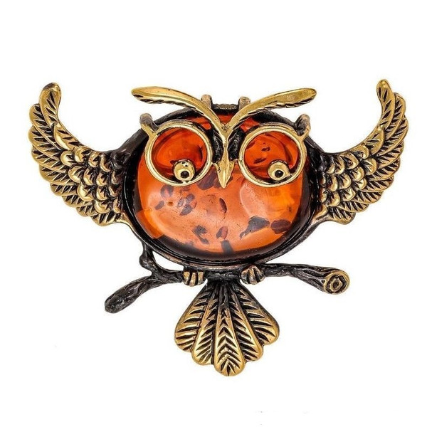 Amber Owl Brooch Birds Brooch Pin Animals Jewelry Brooch For Women Men Smart Owl With Glasses Orange Yellow Gold Brooch.jpg