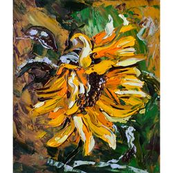 Sunflower painting Floral Original Art 5 by 6 Yellow Flower impasto artwork by Natalia Plotnikova
