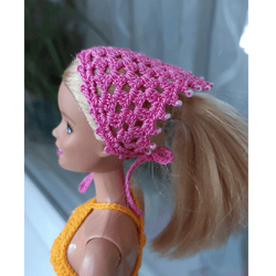 Miniature BANDANA for doll, Pink kerchief for doll 11.5 inch,Tiny bandana 1/6. Beaded trim bandana head scarf for doll