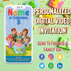 coco melon invitation, coco melon birthday, coco melon brithday invitation, coco melon video invite, coco melon animated