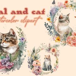 Floral And Cat Watercolor Clipart