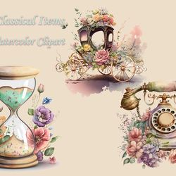Floral Classical Items Watercolor Clipart