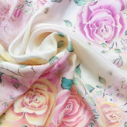 Pink Square silk scarf hand-painted, roses silk scarf, flowers scarf hand painted, elegant handmade neckerchief.
