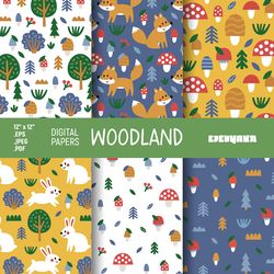 Woodland Seamless Pattern, Forest pattern, Woodland Digital Paper, forest wallpaper, woodland animals, mushroom pattern