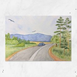 Blue ridge painting mountains painting 8x12" Original watercolor painting Wall decoration Volkswagen beetle