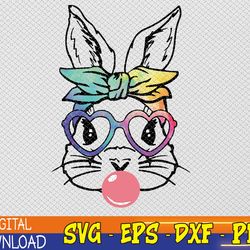 cute bunny with bandana heart glasses bubblegum easter day raglan baseball svg, eps, png, dxf, digital download
