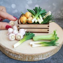 Miniature onion vegetables: onion, garlic, leek, celery, asparagus, barbie dollhouse food - fairy garden farm