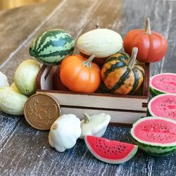 Miniature vegetables gourds: pumpkin, watermelon, squash, melon, zucchini - Barbie food - Dollhouse food