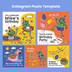 birthday ig post frogs cute cartoon flat style vector set