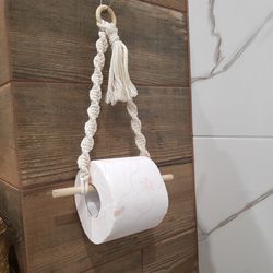 toilet paper holder storage and organization macrame wall hanging bathroom or kitchen decor