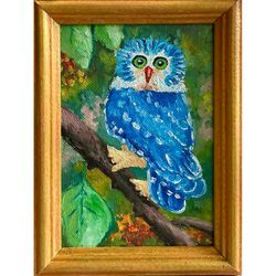 Original bird painting, Owl oil painting Mini Art, One of a kind Animalistic