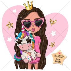 Cute Cartoon Princess and Unicorn PNG, clipart, Sublimation Design, Children printable, illustration