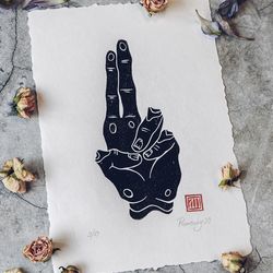 linocut print mudra of life original art abstract home decor interior painting hand drawn ink illustration