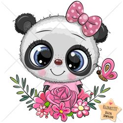 cute cartoon panda png, girl, clipart, sublimation design, flowers, children illustration, digital clip art