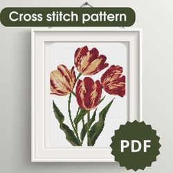 Cross Stitch Pattern Tulips, Flower Cross Stitch Chart PDF, Tulips Flower Embroidery