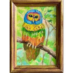 Owl Bird Painting Original Oil Canvas Art, Animal Miniature Wall Art, Gift for Friends