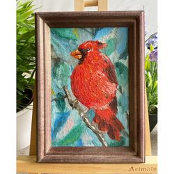 Red Cardinal Painting Original inspiring Art, Bird oil canvas, Miniature wall art 6x4” Perfect Gift