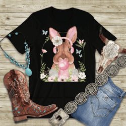 floral easter bunny face bubblegum and headphones women girl t-shirt -rabbit lover gift, bunny mom shirt, bunny girl tee