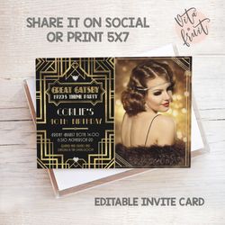 Great Gatsby Invitation Photo, Great Gatsby Birthday Inivte, Invitation Card, Great Gatsby Invite Card