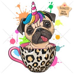 Cute Cartoon Pug Dog PNG, clipart, Sublimation Design, Unicorn, Children printable, Cup, Cool, art