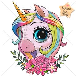 Cute Cartoon Unicorn PNG, clipart, Sublimation Design, Children printable, Flowers, Clip art