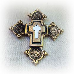 Handmade brass cross pendant with white enamel,Vintage enamel Brass Cross charm,Rustic Brass Cross necklace pendant