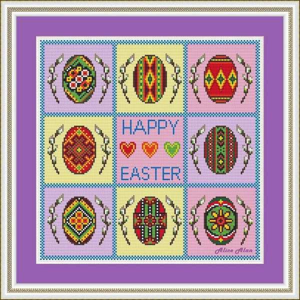 Cross stitch pattern Sampler Eggs branch willow Happy Easter - Inspire ...
