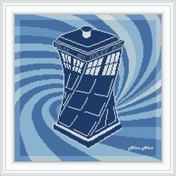 Cross stitch pattern Doctor Who Tardis vortex Police box monochrome blue Dr Who Time Machine counted crossstitch pattern