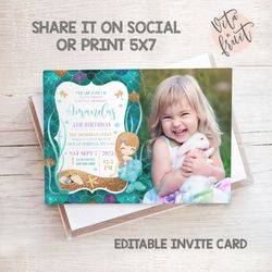 Mermaid Invitation with Photo, Mermaid Birthday Party, Mermaid Printable, Mermaid Invite Card, Mermaid Evite