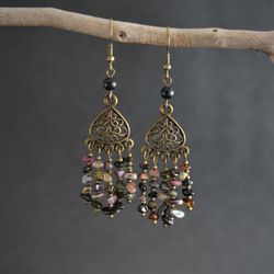 Tourmaline earrings Gemstone bronze earrings in vintage style Witchy earrings